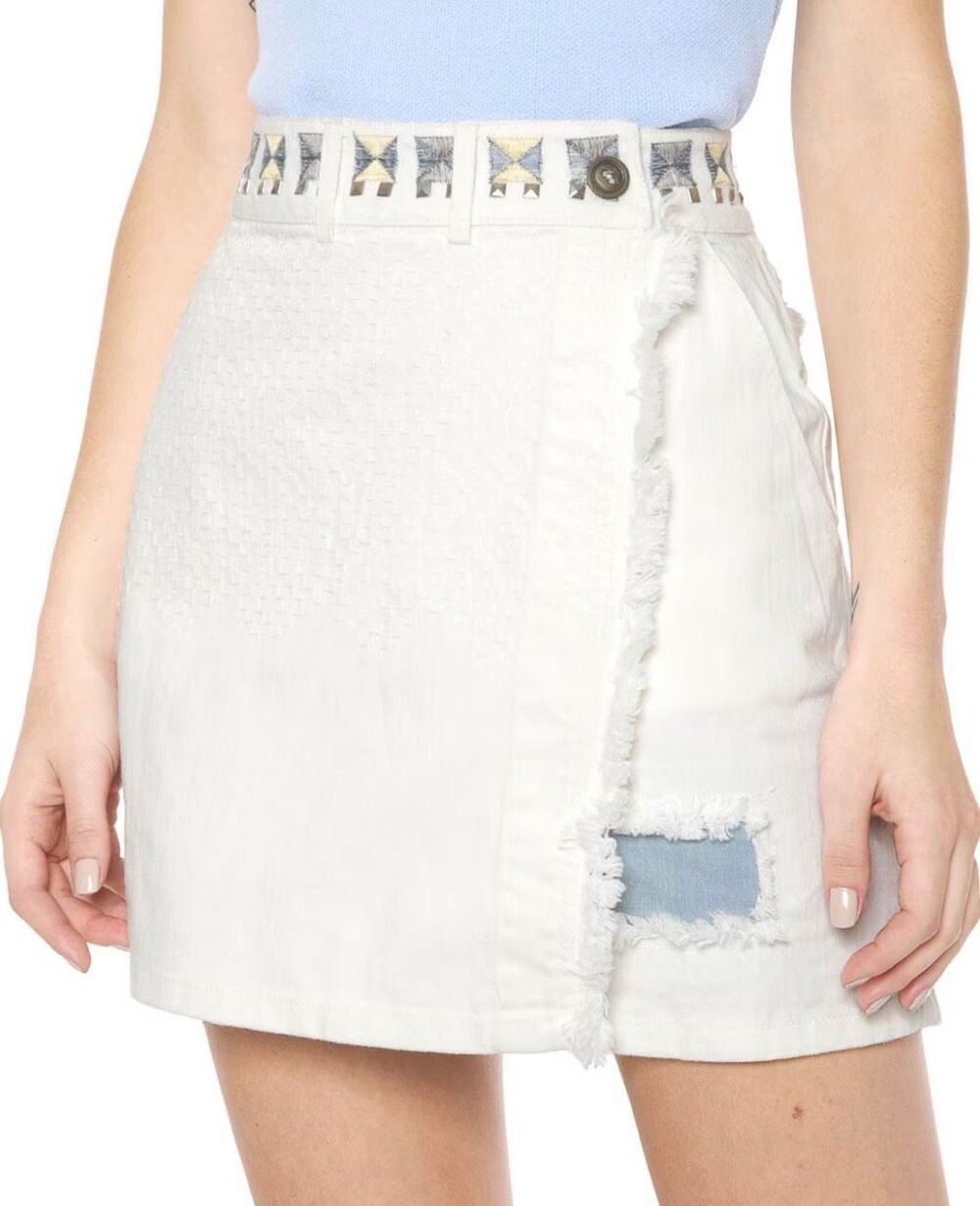 Desigual White Embroidered Fringe Wrap Jean Denim Skirt sz 32 M